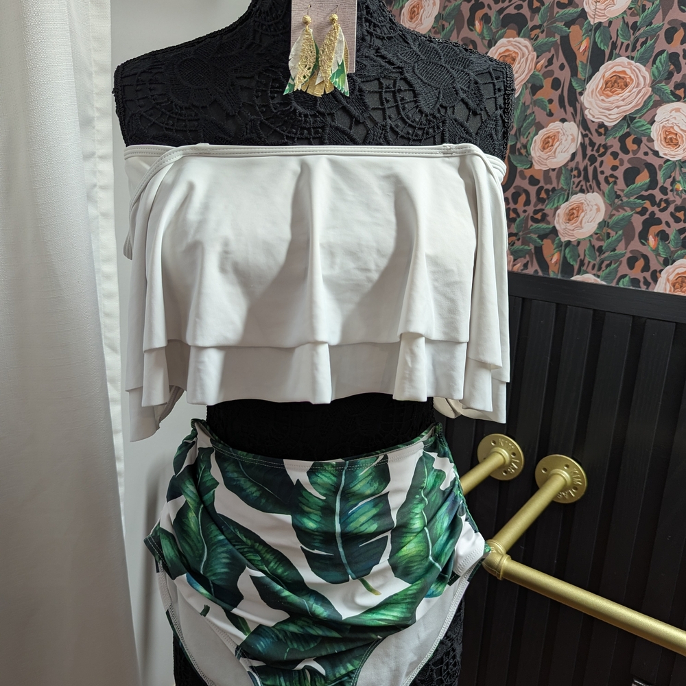 White Ruffle Off-Shoulder Top with Green Leaf Print Bottoms